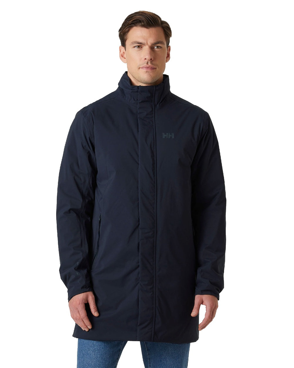 Navy Coloured Helly Hansen Mens Urbo Pro Insulated Raincoat on white background 