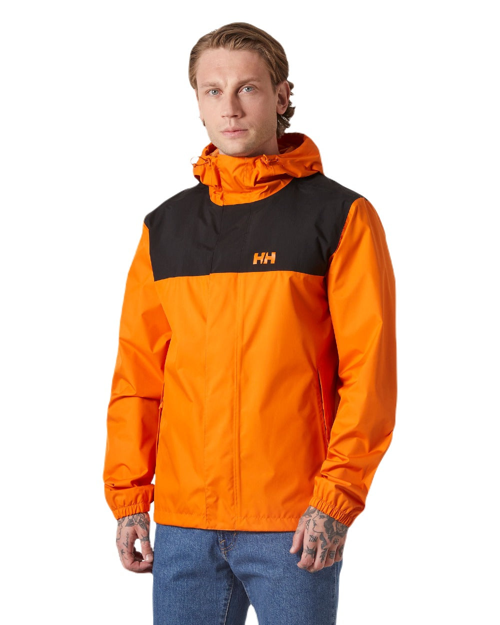 Orange Peel coloured Helly Hansen Mens Vancouver Rain Jacket on white background 