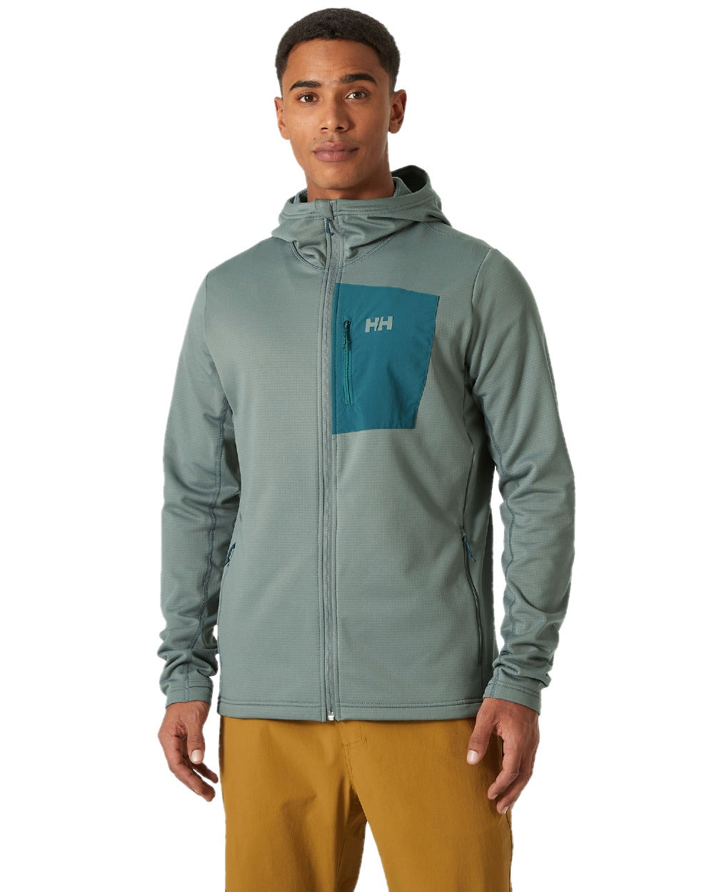 Grey Cactus Coloured Helly Hansen Mens Versalite Hooded Fleece Jacket on white background 