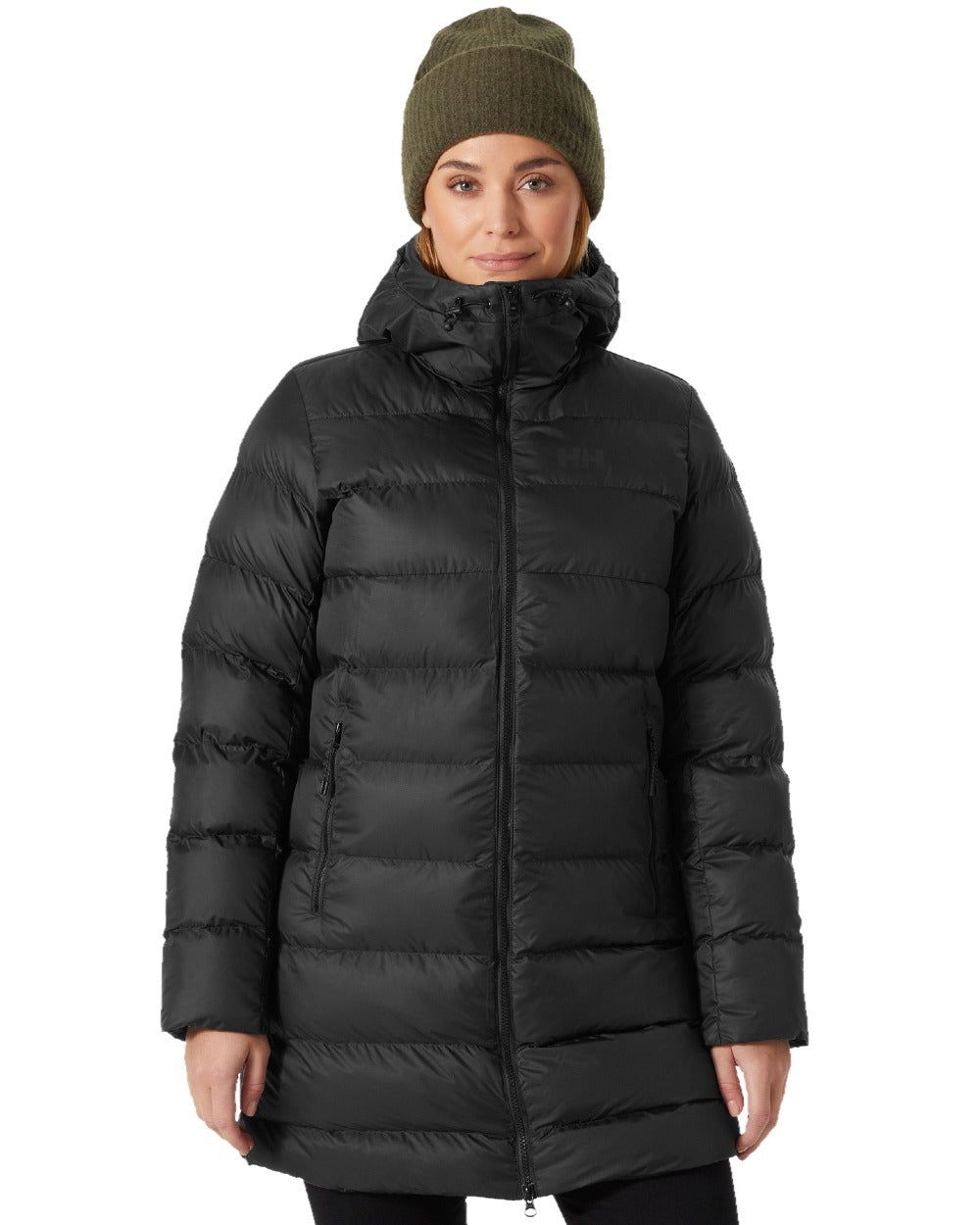 Black Coloured Helly Hansen Womens Active Puffy Parka on white background 