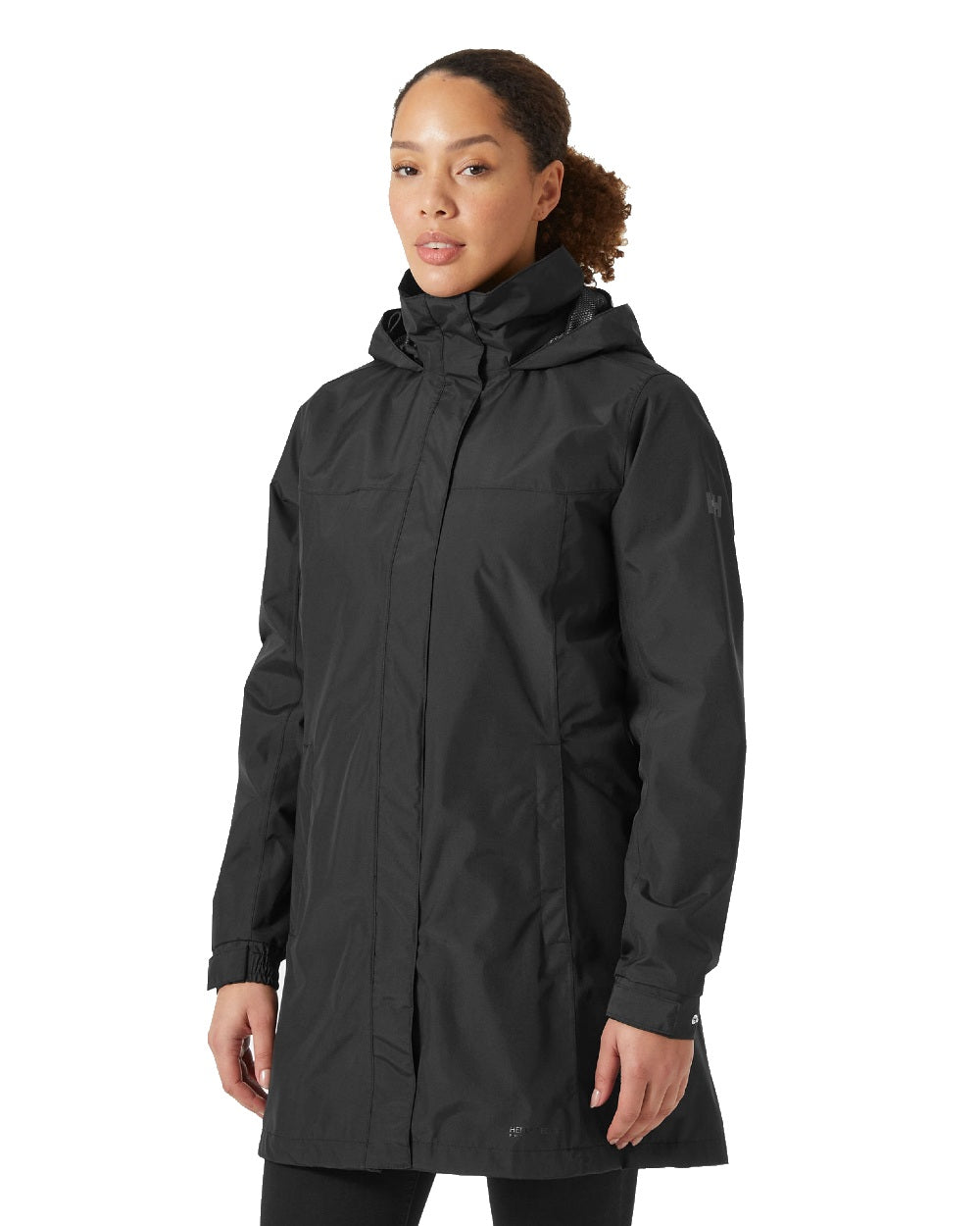 Black coloured Helly Hansen Womens Aden Long Rain Coat on white background 