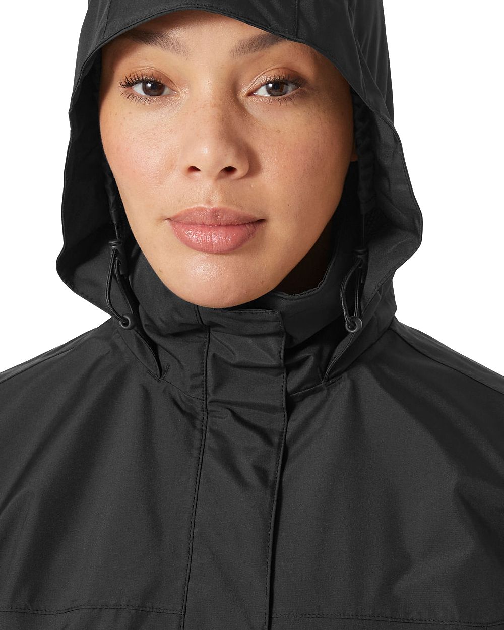 Black coloured Helly Hansen Womens Aden Long Rain Coat on white background 