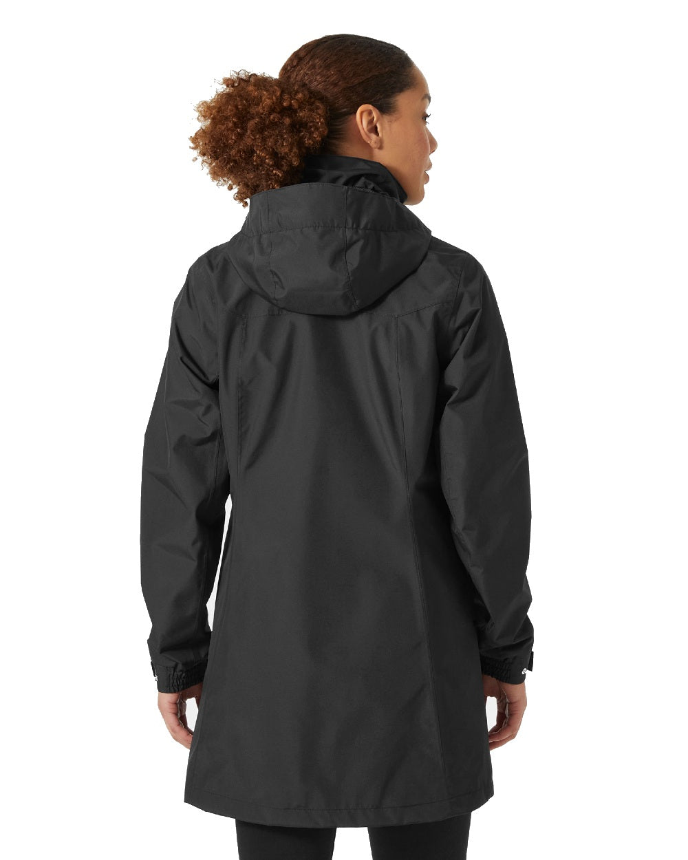 Black coloured Helly Hansen Womens Aden Long Rain Coat on white background 