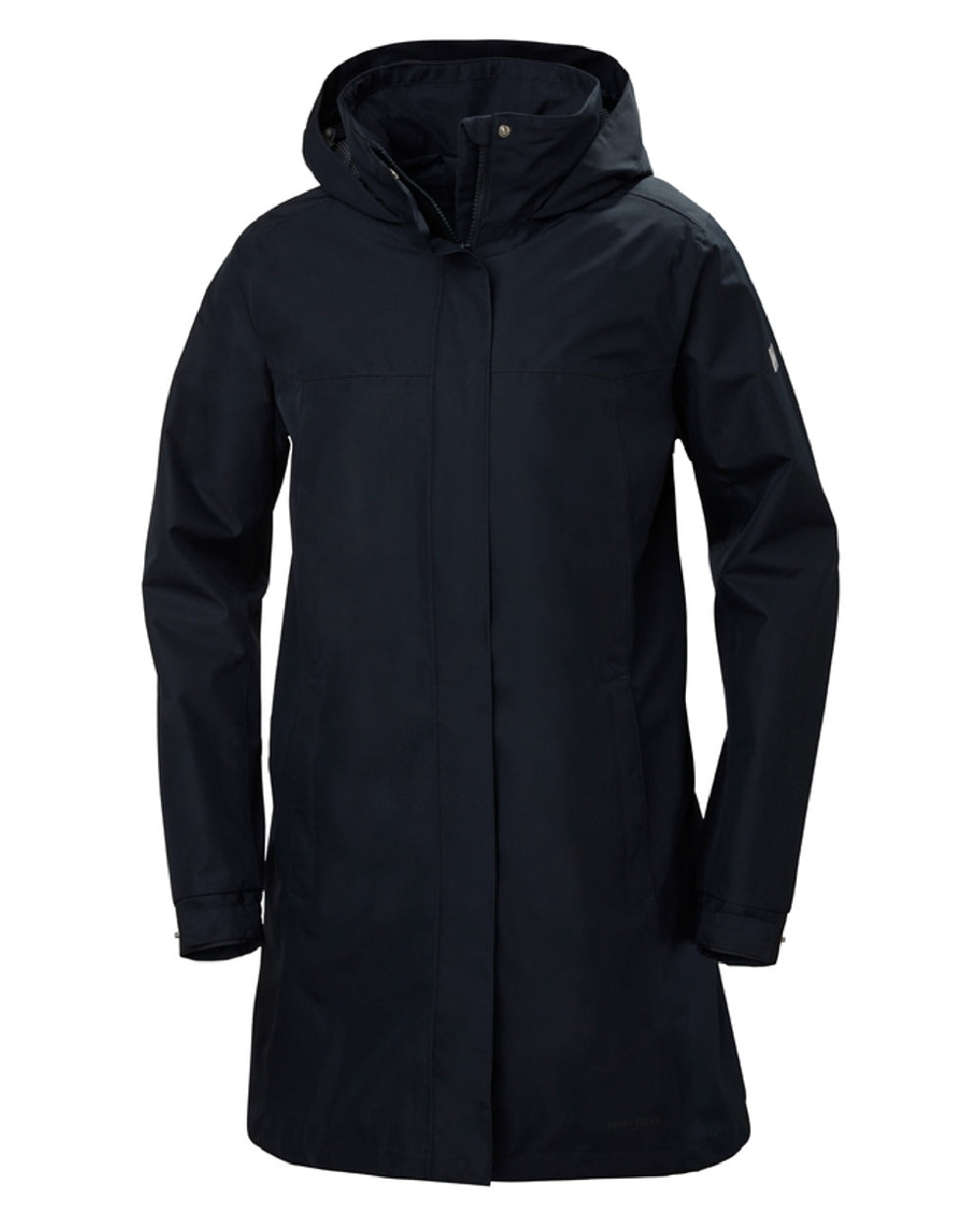 Navy coloured Helly Hansen Womens Aden Long Rain Coat on white background 