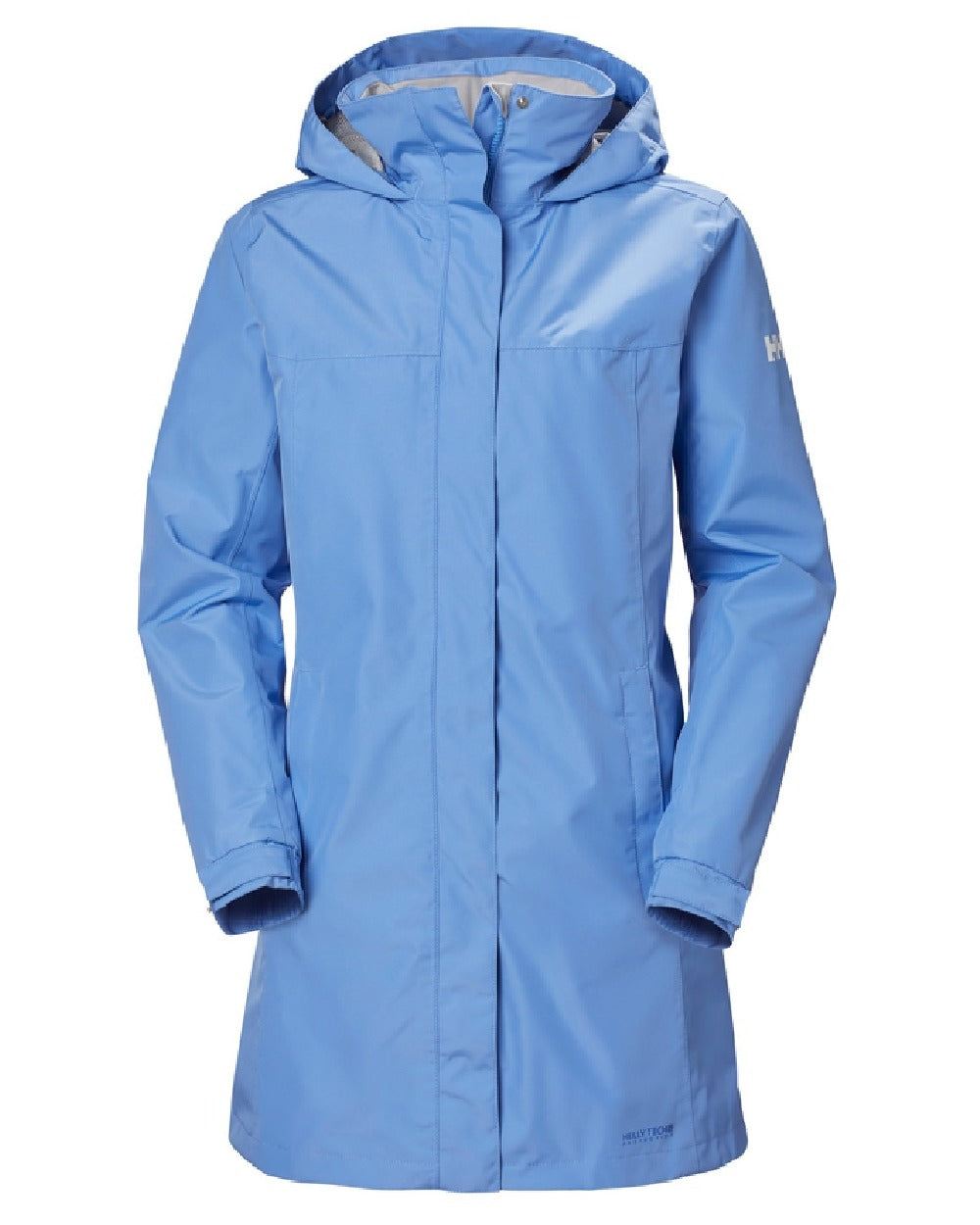 Skagen Blue coloured Helly Hansen Womens Aden Long Rain Coat on white background 