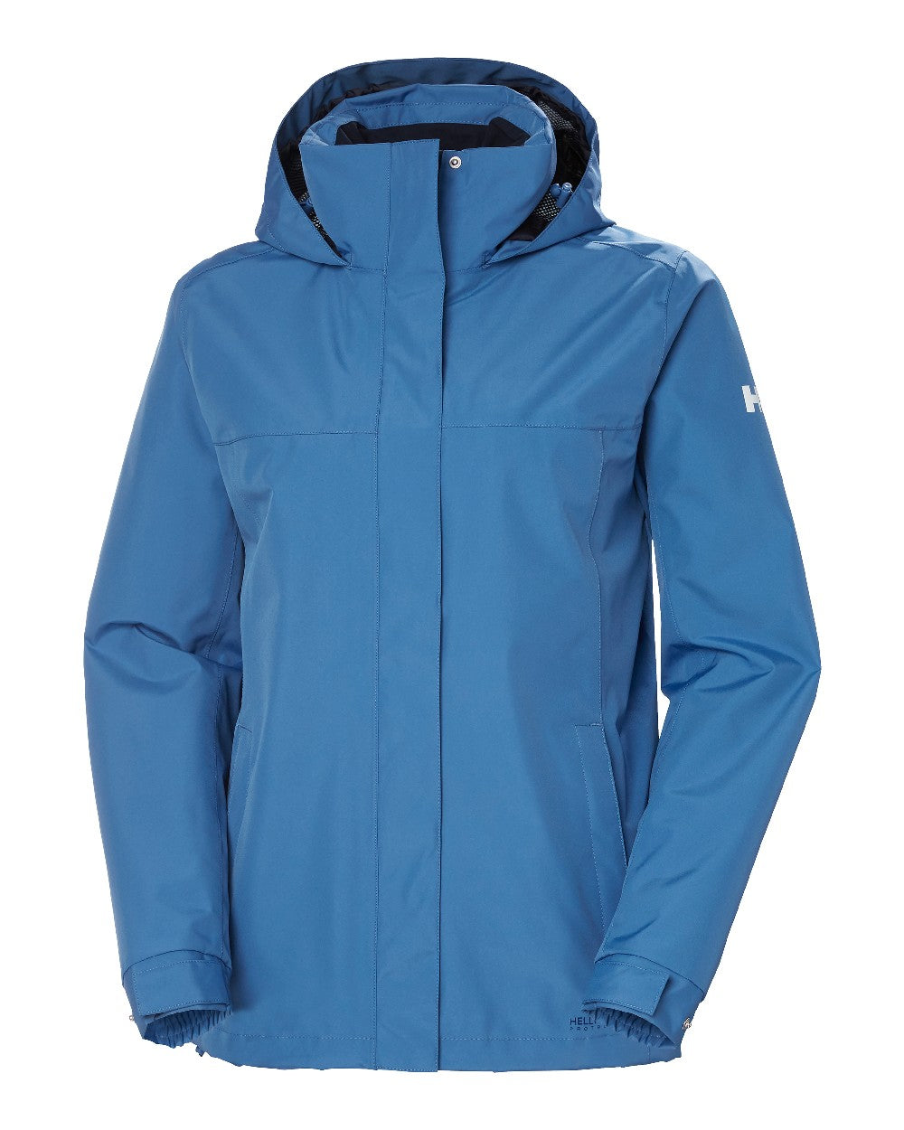 Azurite coloured Helly Hansen Womens Aden Rain Jacket on white background 