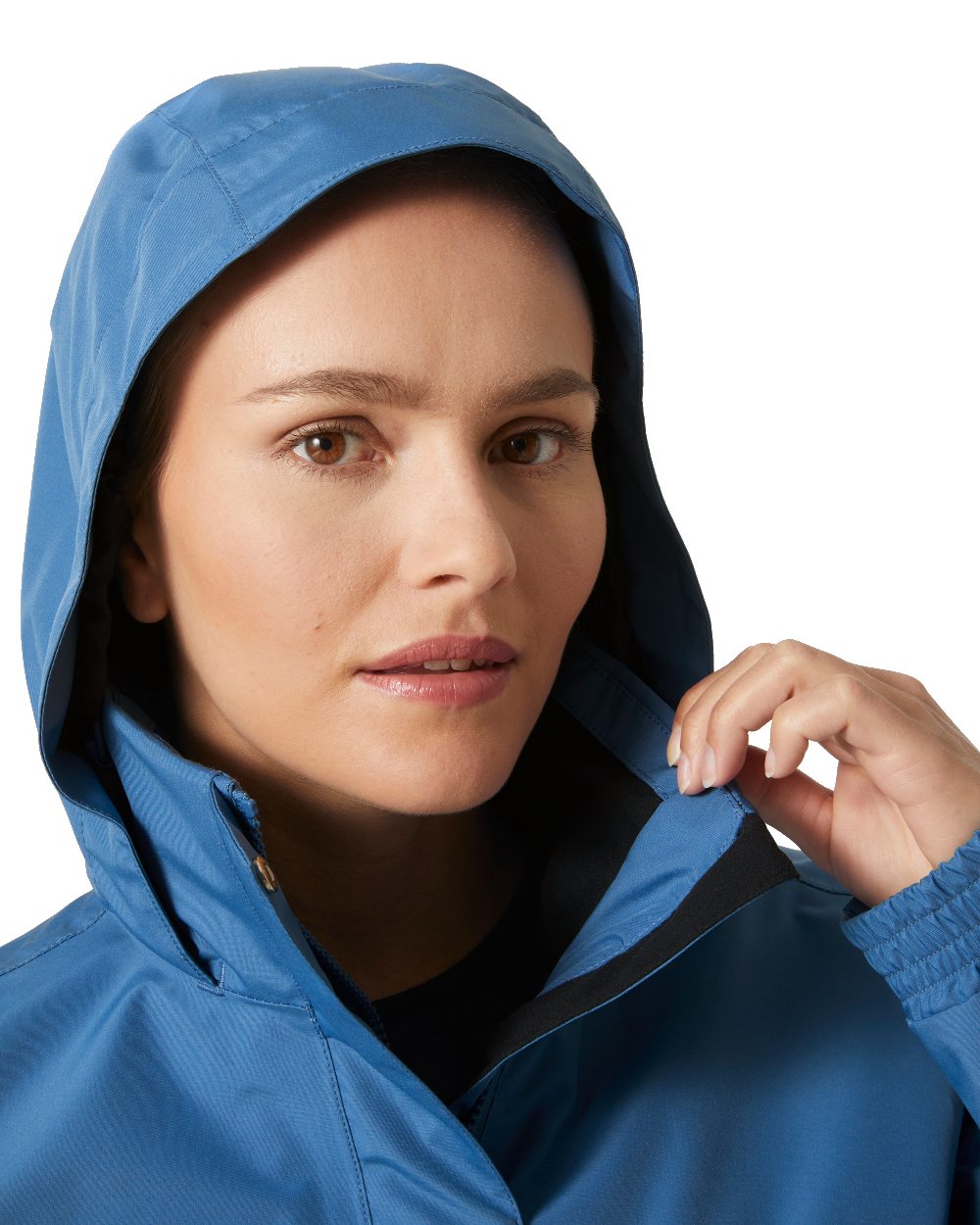 Azurite coloured Helly Hansen Womens Aden Rain Jacket on white background 