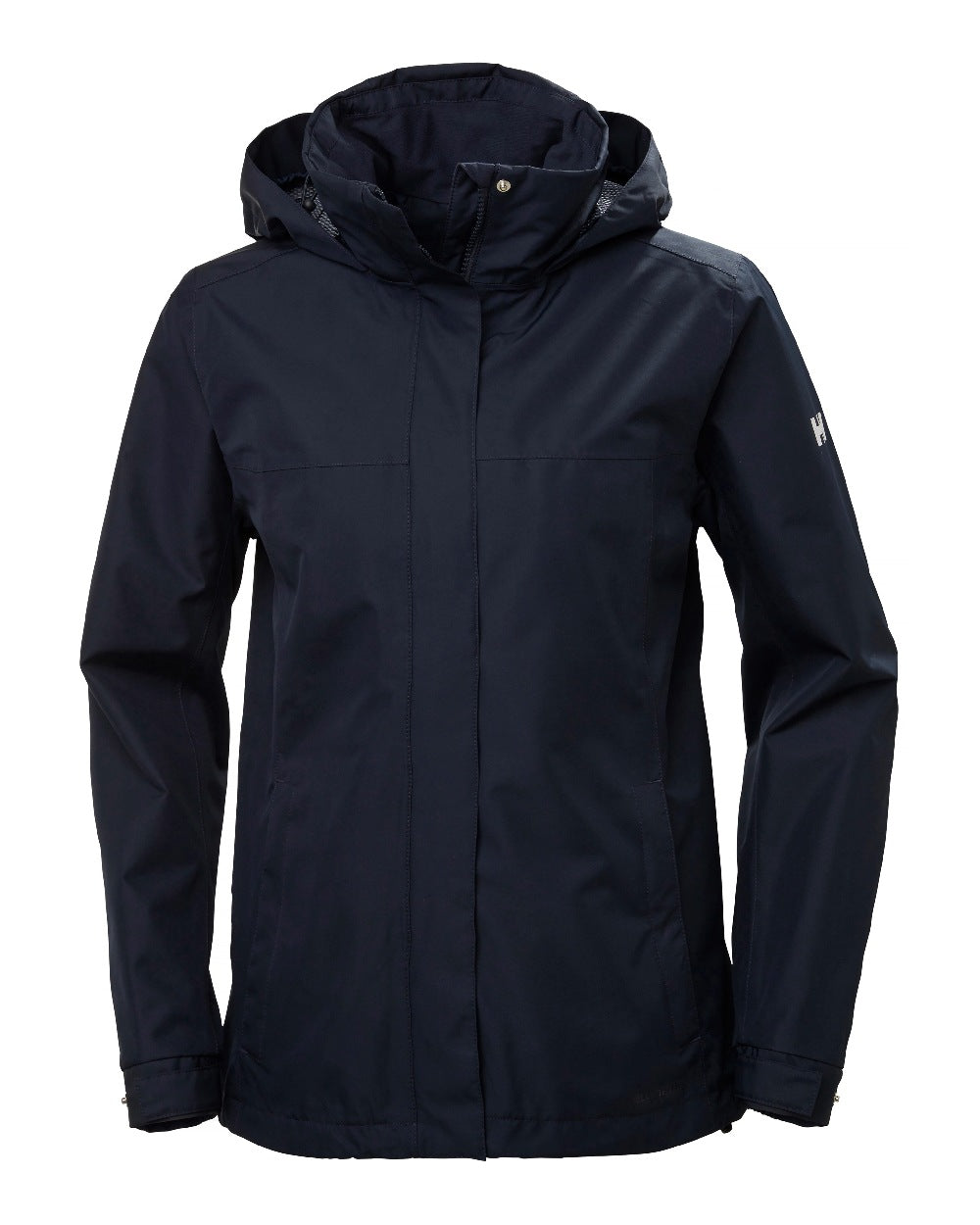 Navy coloured Helly Hansen Womens Aden Rain Jacket on white background 