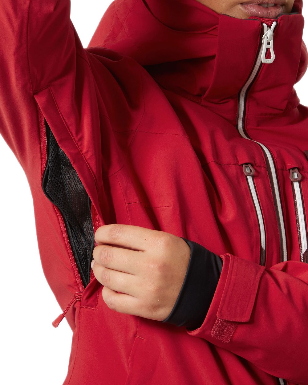 Red Coloured Helly Hansen Womens Alphelia Lifaloft Ski Jacket on white background 