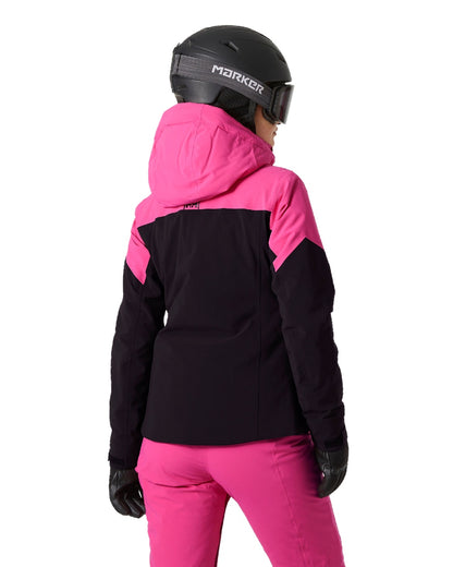 Dragon Fruit Black Coloured Helly Hansen Womens Alphelia Ski Jacket on white background 