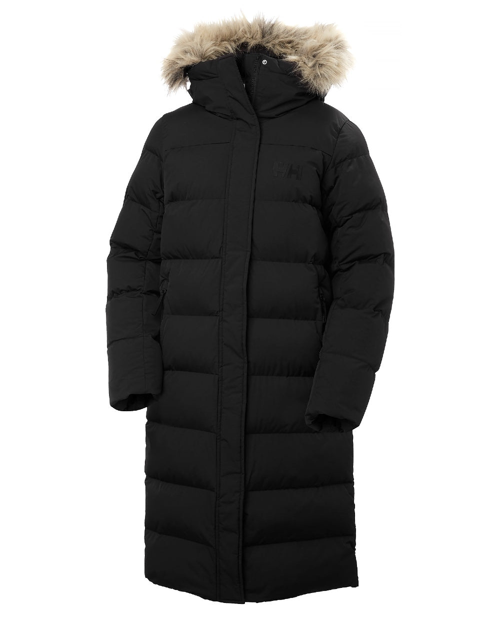Black Coloured Helly Hansen Womens Aria Long Parka on white background 