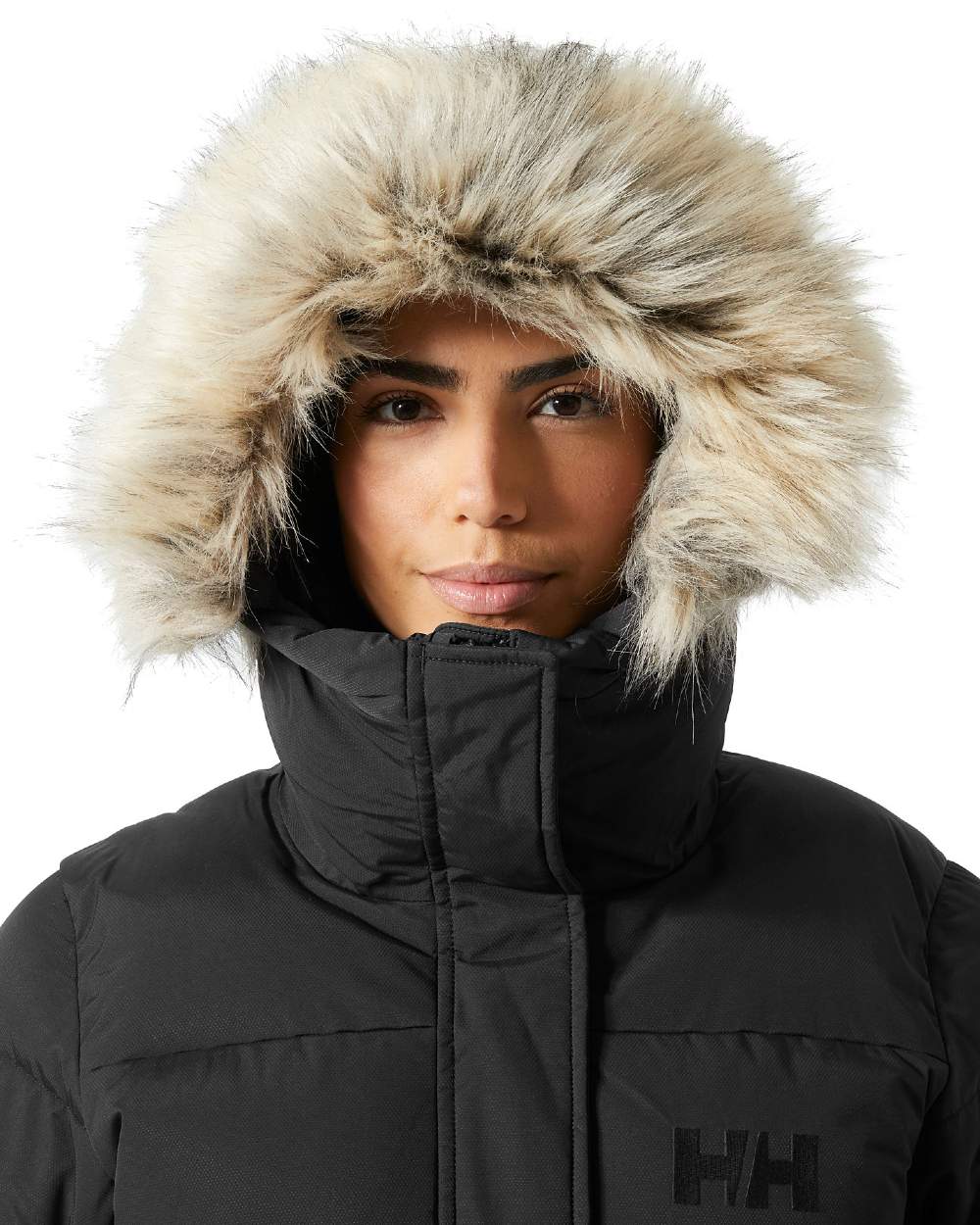 Black Coloured Helly Hansen Womens Aria Long Parka on white background 