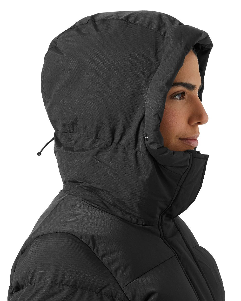 Black Coloured Helly Hansen Womens Aria Long Parka on white background 