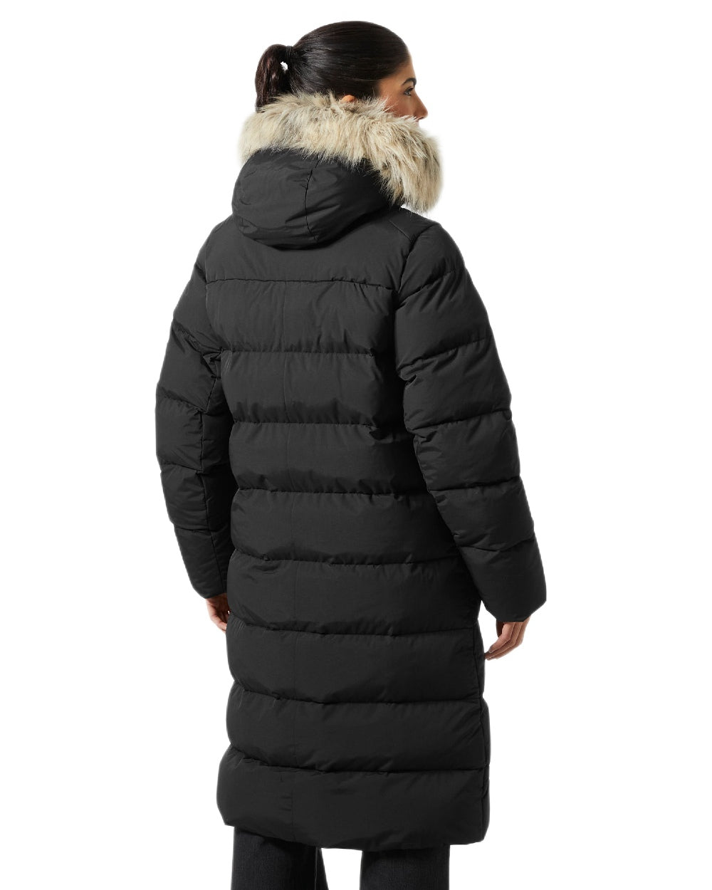 Black Coloured Helly Hansen Womens Aria Long Parka on white background 