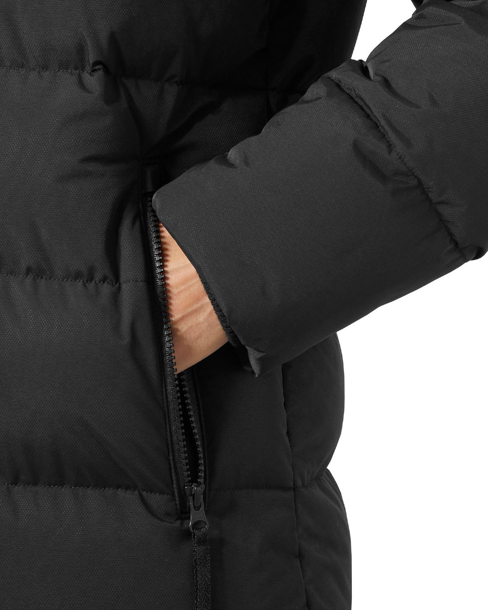 Black Coloured Helly Hansen Womens Aria Long Parka on white background 