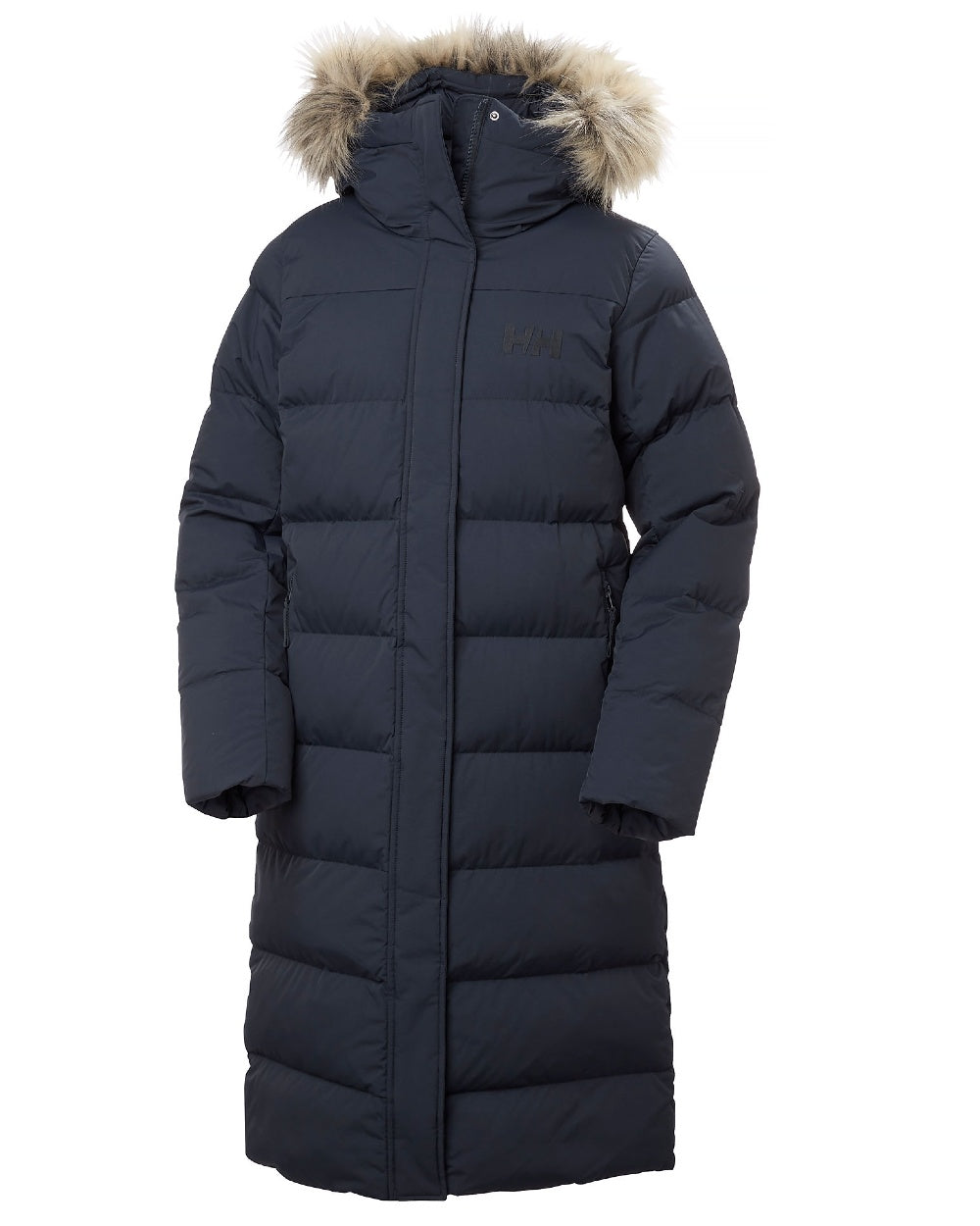 Navy Coloured Helly Hansen Womens Aria Long Parka on white background 