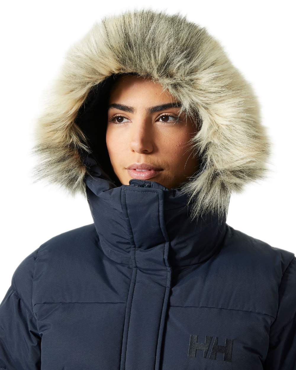 Navy Coloured Helly Hansen Womens Aria Long Parka on white background 