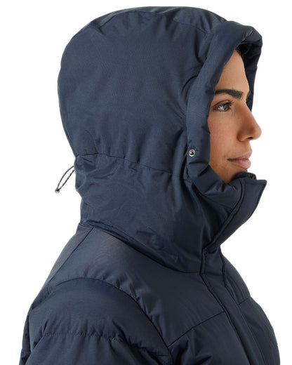 Navy Coloured Helly Hansen Womens Aria Long Parka on white background 