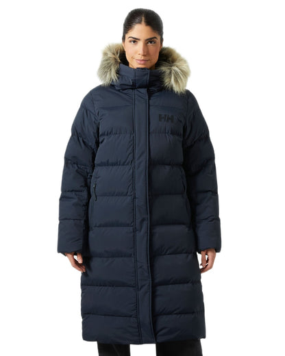 Navy Coloured Helly Hansen Womens Aria Long Parka on white background 