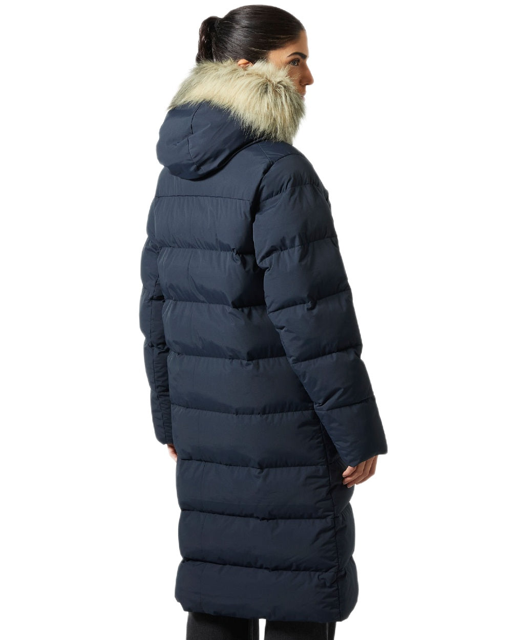 Navy Coloured Helly Hansen Womens Aria Long Parka on white background 
