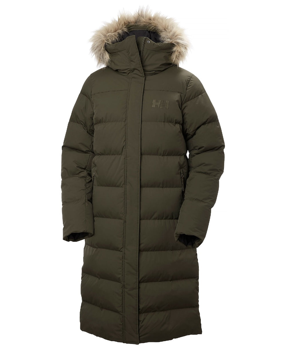 Utility Green Coloured Helly Hansen Womens Aria Long Parka on white background 