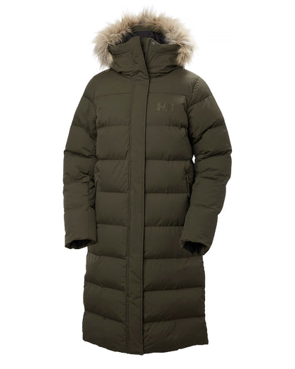 Utility Green Coloured Helly Hansen Womens Aria Long Parka on white background 