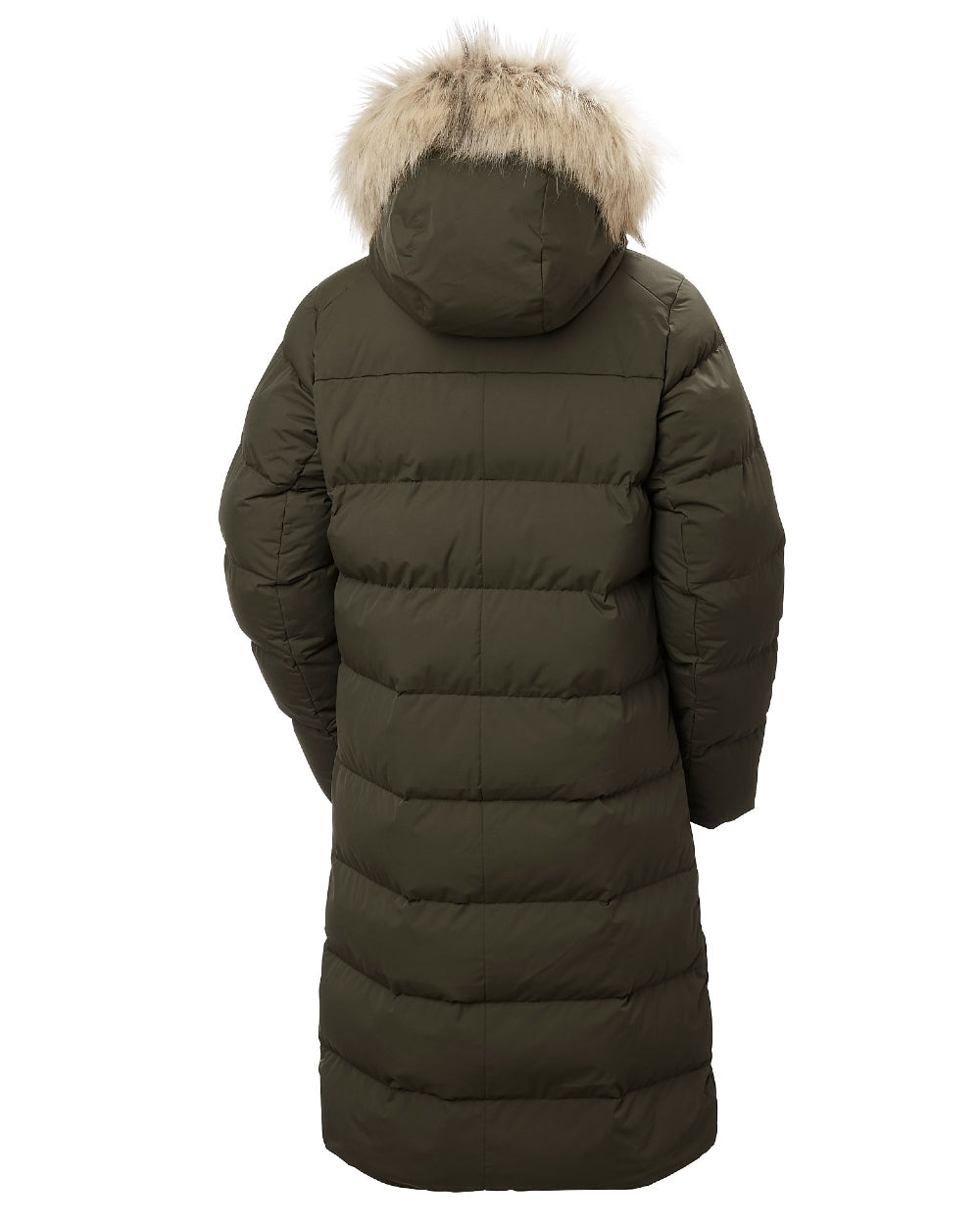 Utility Green Coloured Helly Hansen Womens Aria Long Parka on white background 