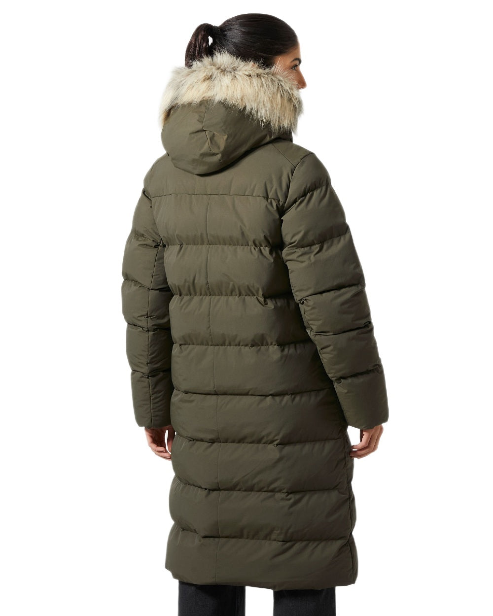 Utility Green Coloured Helly Hansen Womens Aria Long Parka on white background 