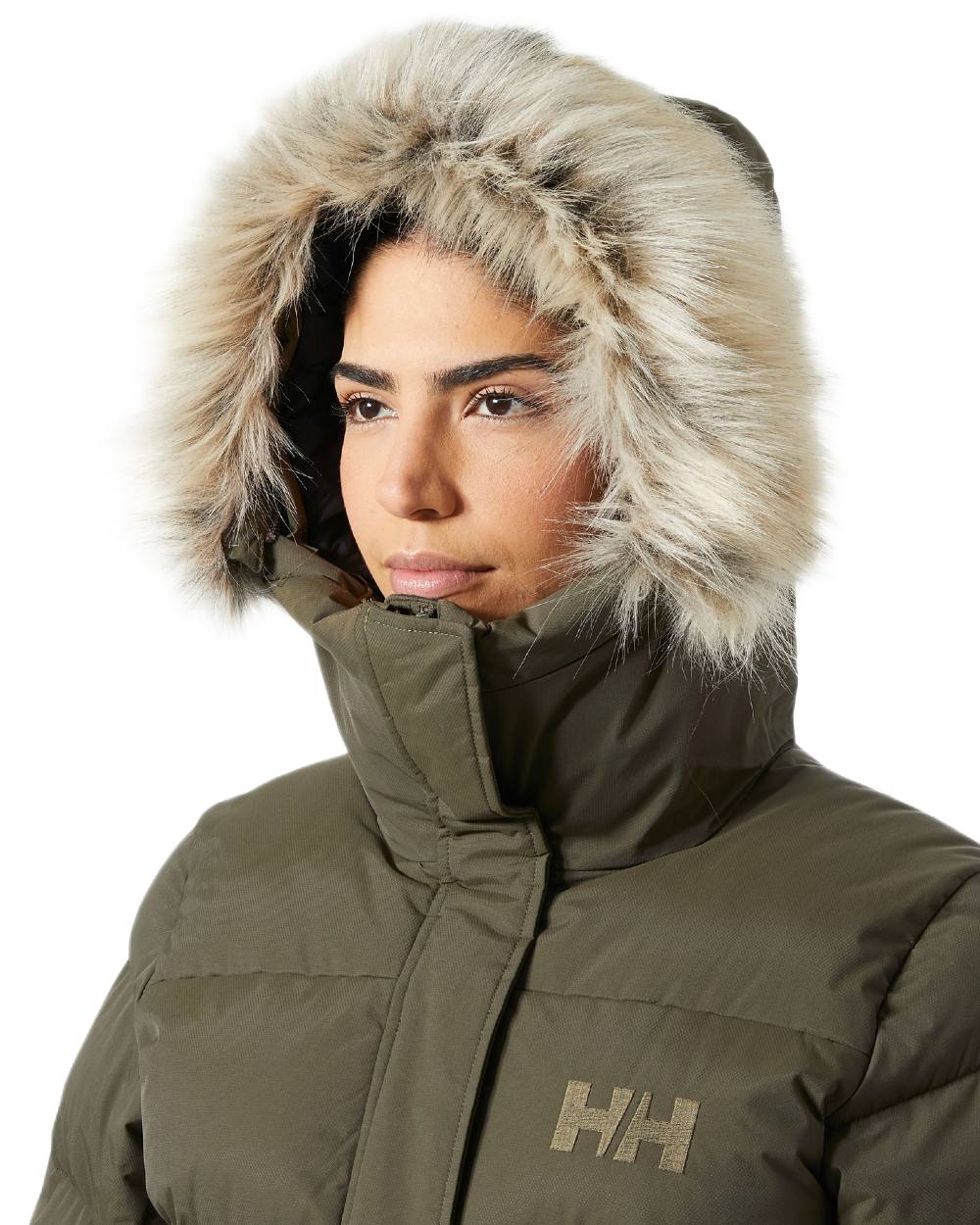 Utility Green Coloured Helly Hansen Womens Aria Long Parka on white background 