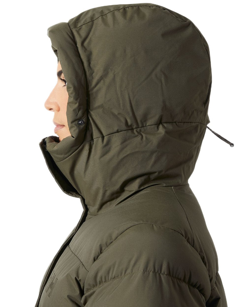 Utility Green Coloured Helly Hansen Womens Aria Long Parka on white background 