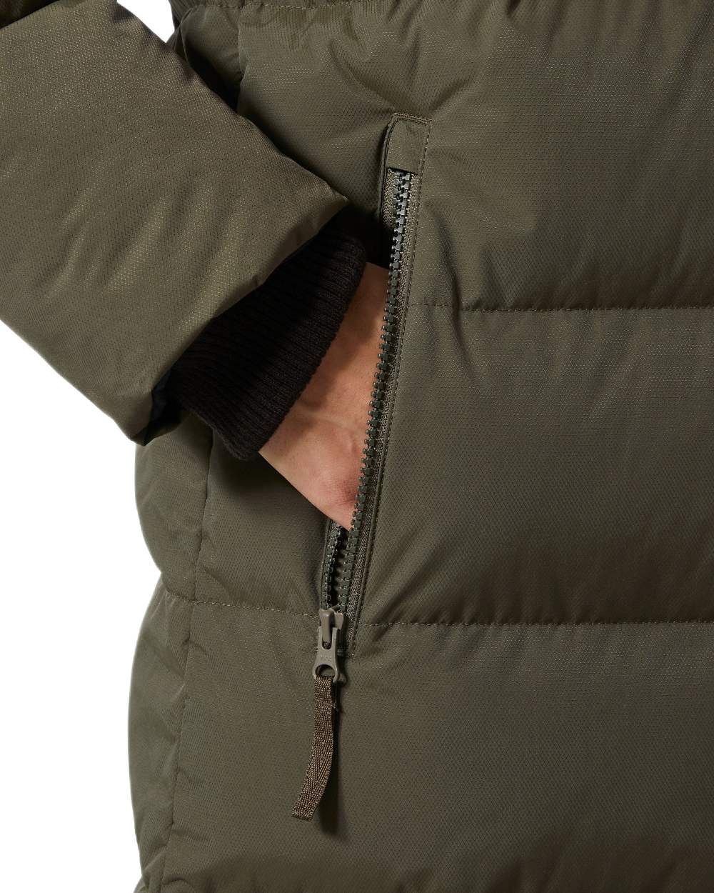 Utility Green Coloured Helly Hansen Womens Aria Long Parka on white background 