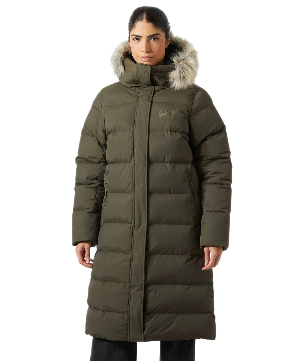 Utility Green Coloured Helly Hansen Womens Aria Long Parka on white background 