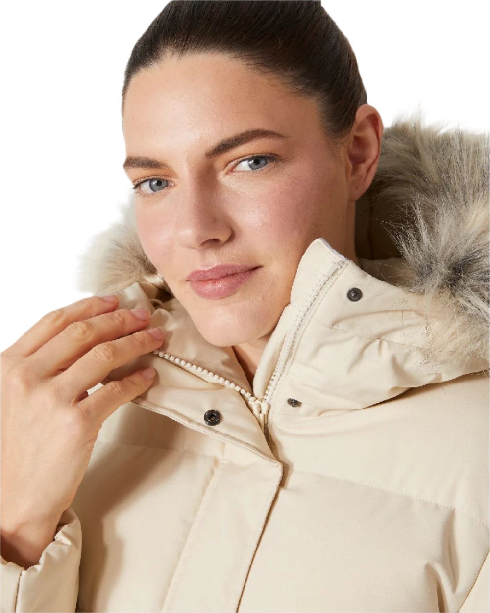 Cream Coloured Helly Hansen Womens Blossom Puffy Winter Parka on white background 