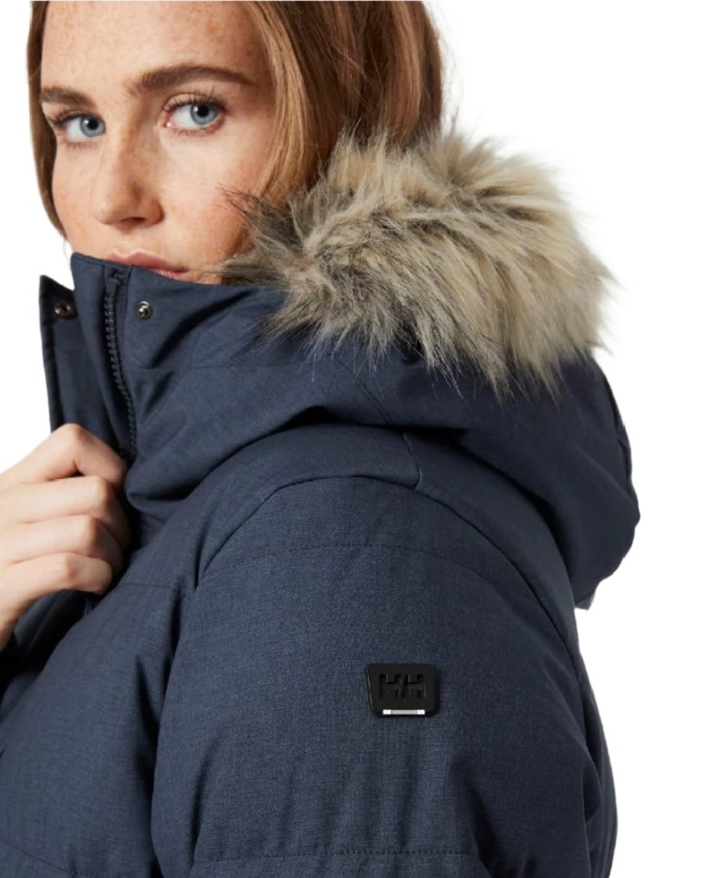 Navy Coloured Helly Hansen Womens Blossom Puffy Winter Parka on white background 