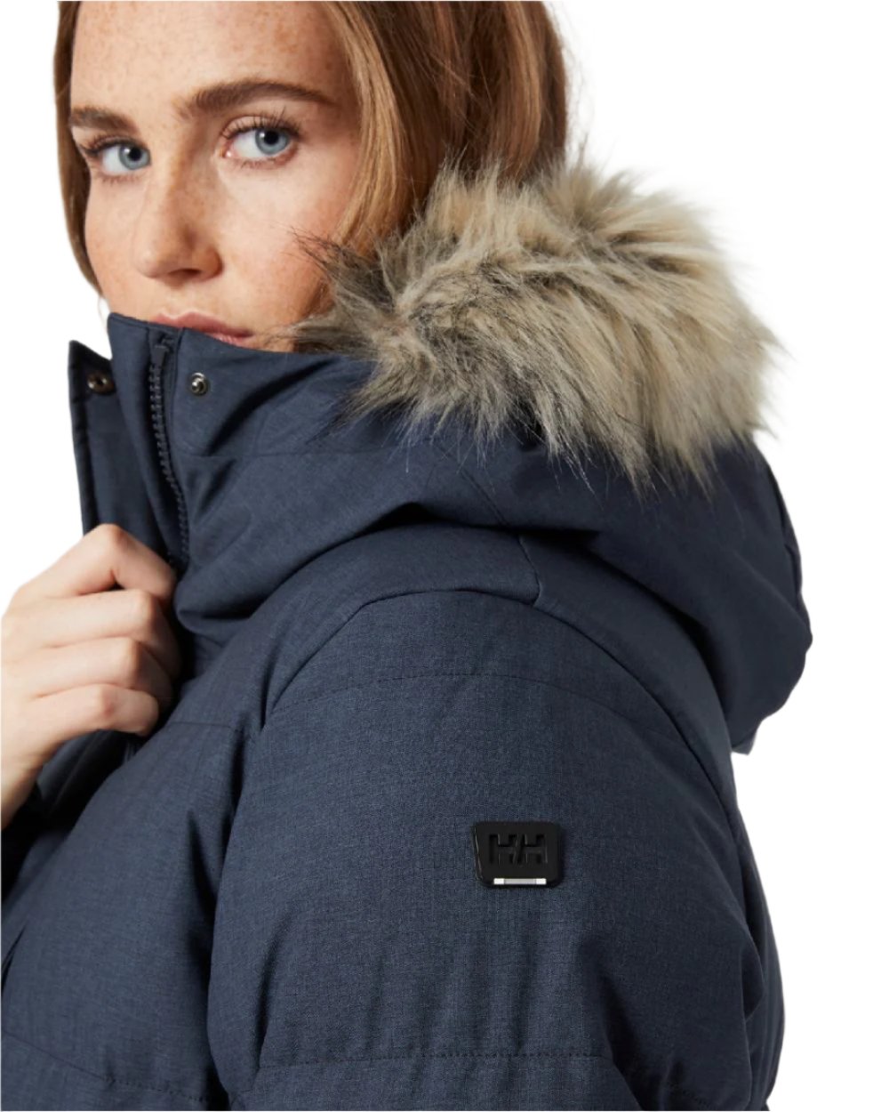 Navy Coloured Helly Hansen Womens Blossom Puffy Winter Parka on white background 