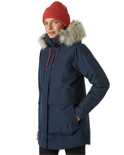 Navy Coloured Helly Hansen Womens Coastal Parka on white background 