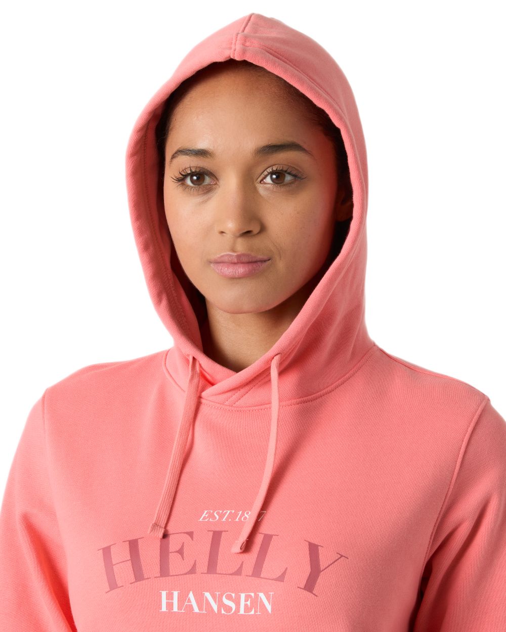Coral Almond coloured Helly Hansen Womens Core Graphic Hoodie on white background 
