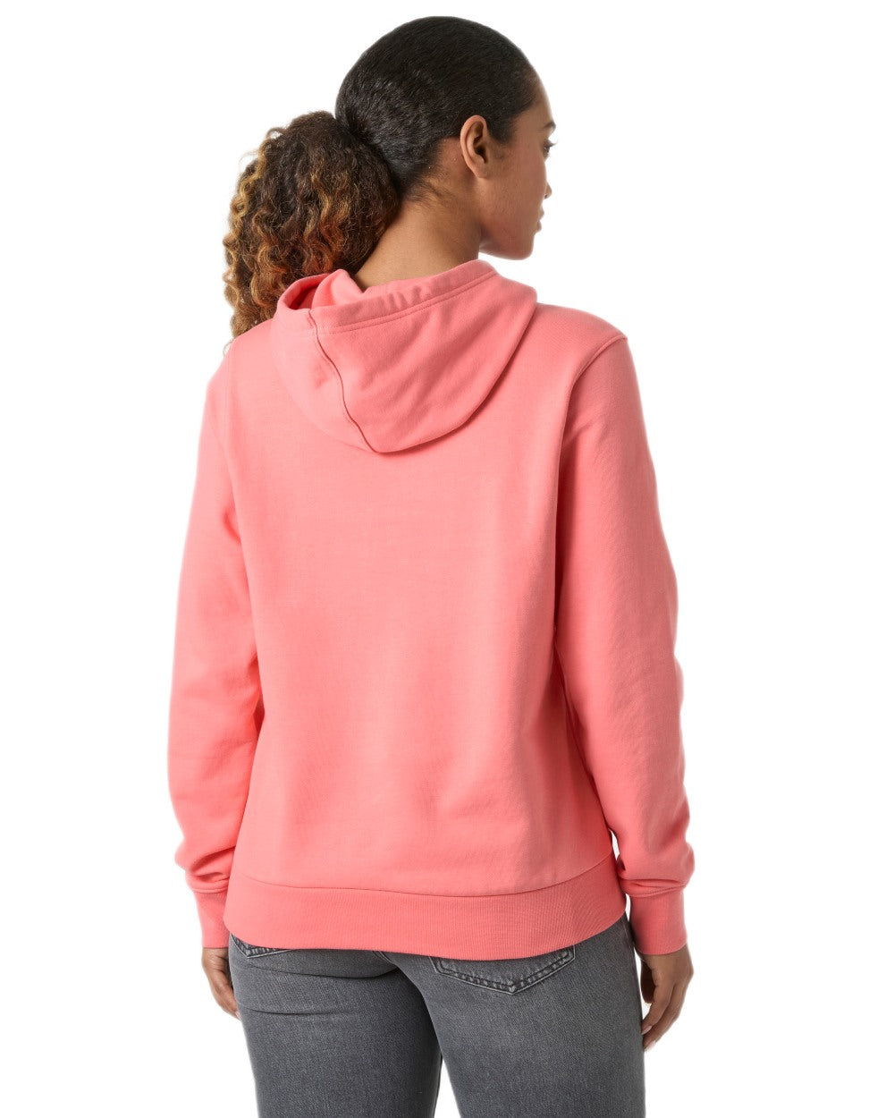 Coral Almond coloured Helly Hansen Womens Core Graphic Hoodie on white background 