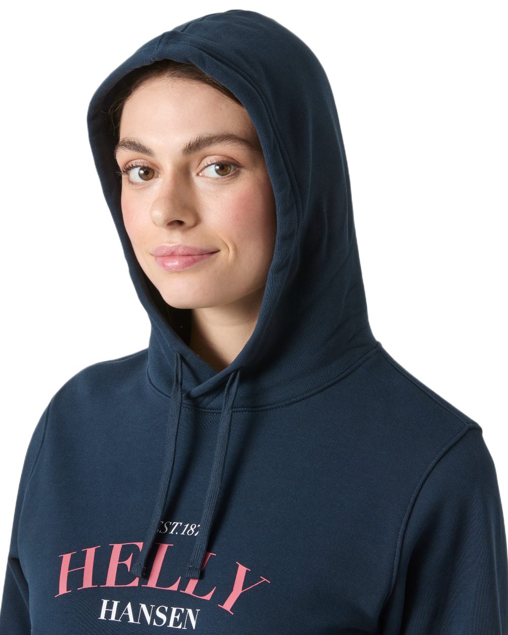 Navy coloured Helly Hansen Womens Core Graphic Hoodie on white background 