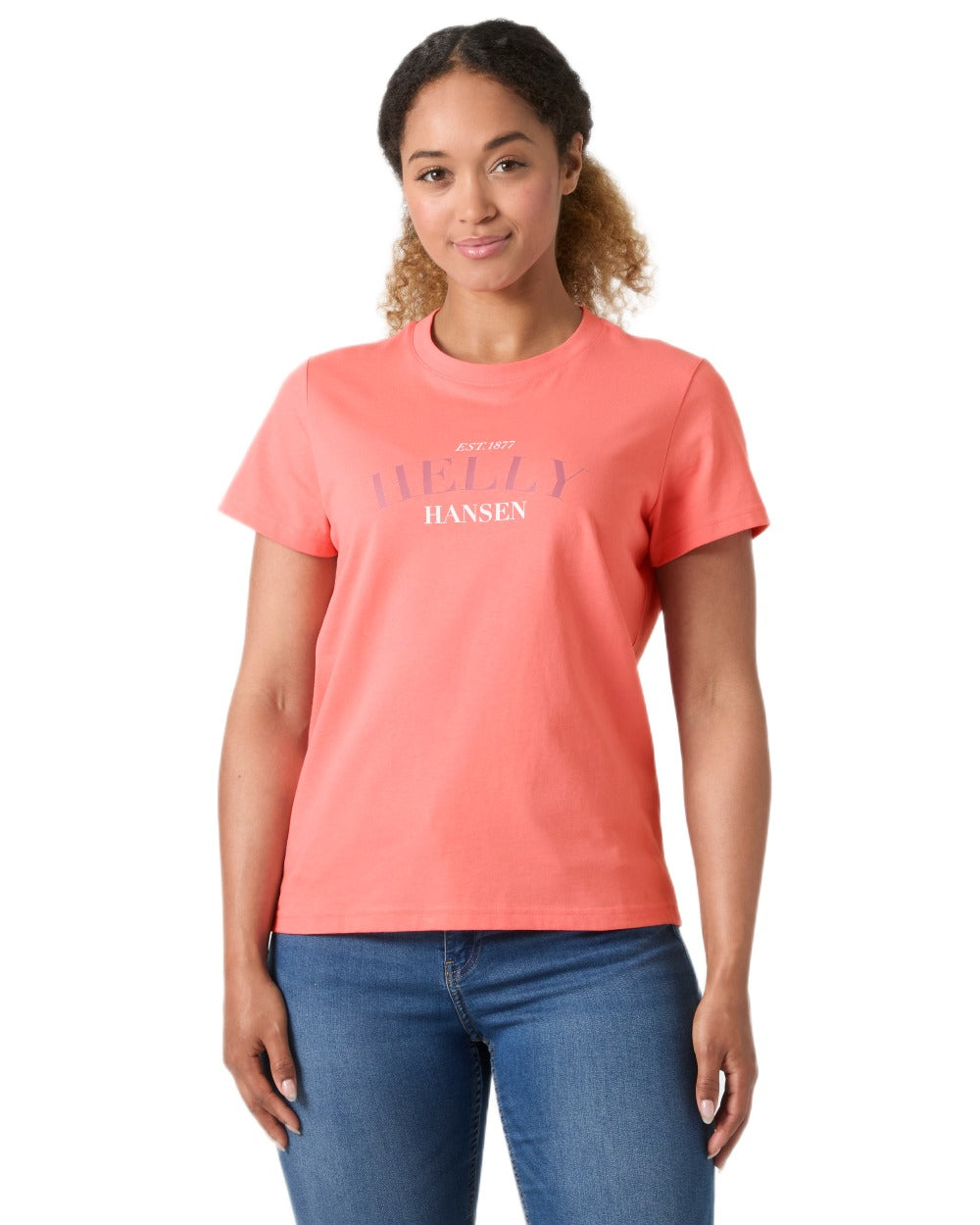 Coral Almond coloured Helly Hansen Womens Core Graphic T-Shirt 2.0 on white background 
