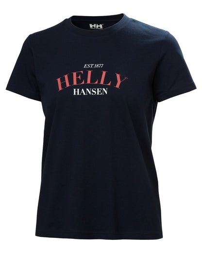 Navy coloured Helly Hansen Womens Core Graphic T-Shirt 2.0 on white background 