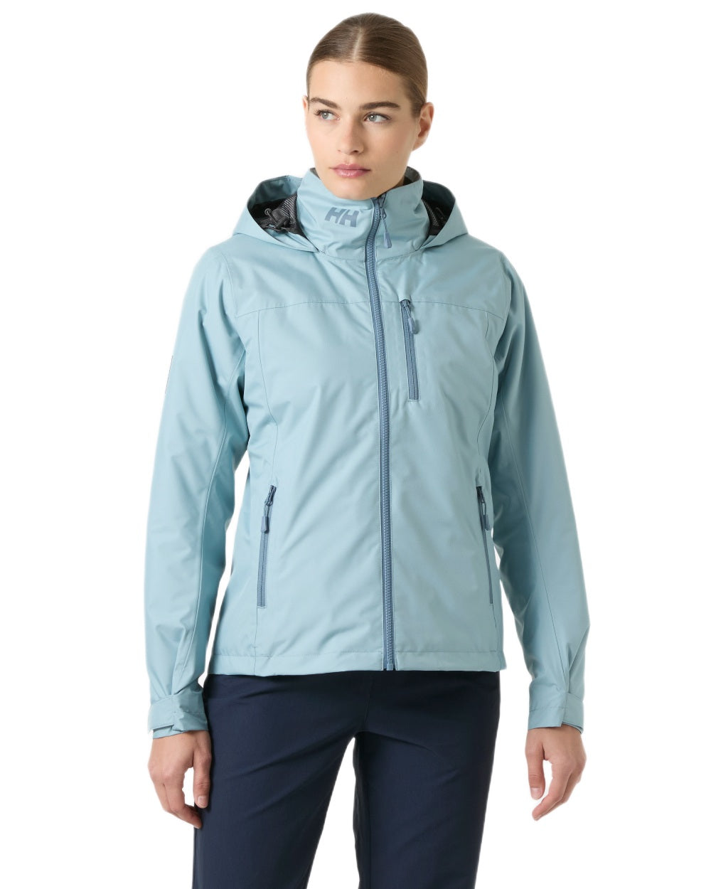 Windy Blue Coloured Helly Hansen Womens Crew Hooded Midlayer Sailing Jacket 2.0 On A White Background 