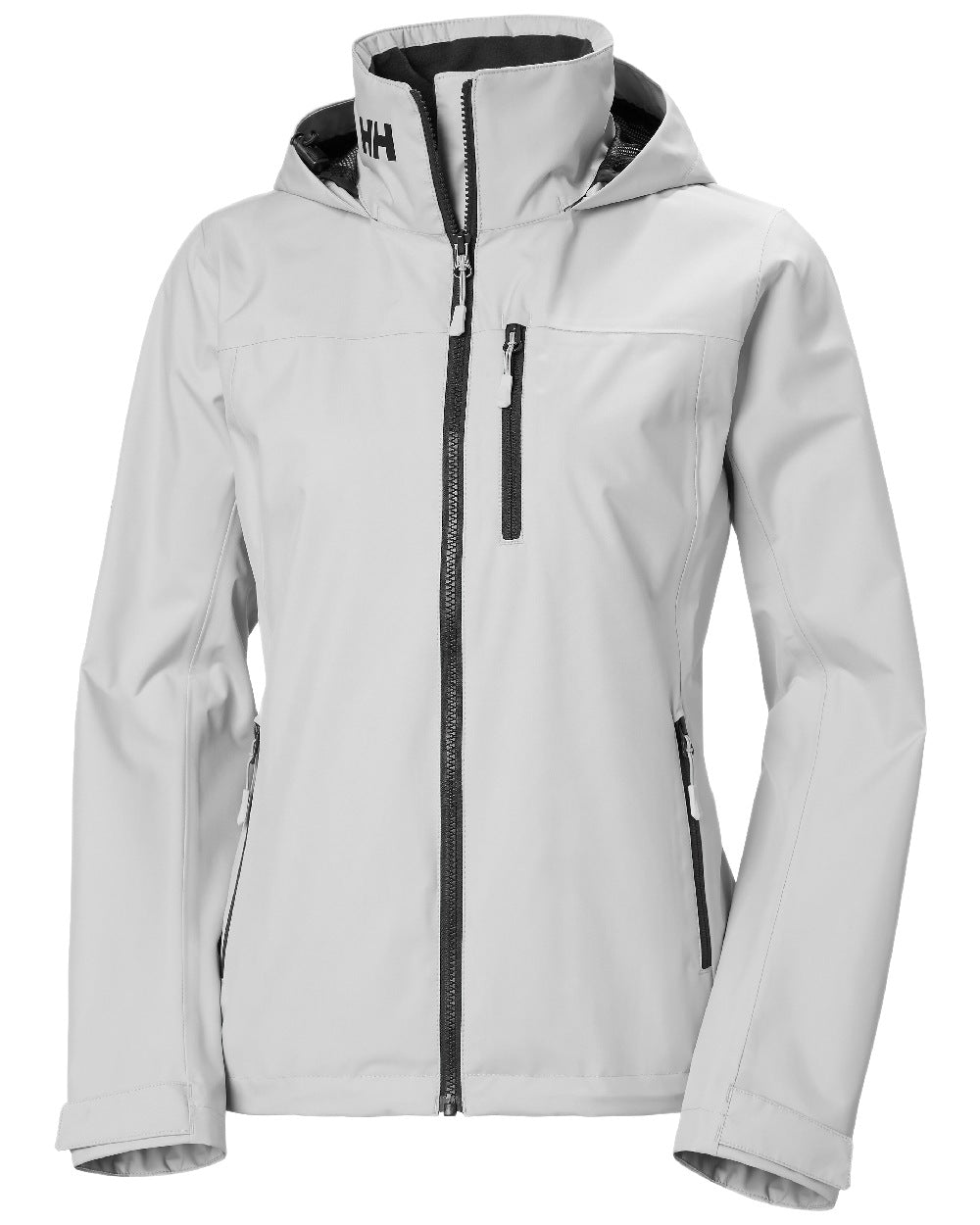 Grey Fog Coloured Helly Hansen womens crew hooded sailing jacket 2.0 on white background 