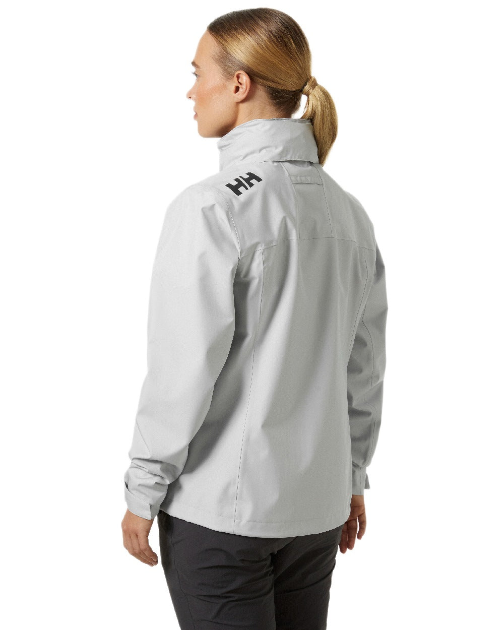 Grey Fog Coloured Helly Hansen womens crew hooded sailing jacket 2.0 on white background 