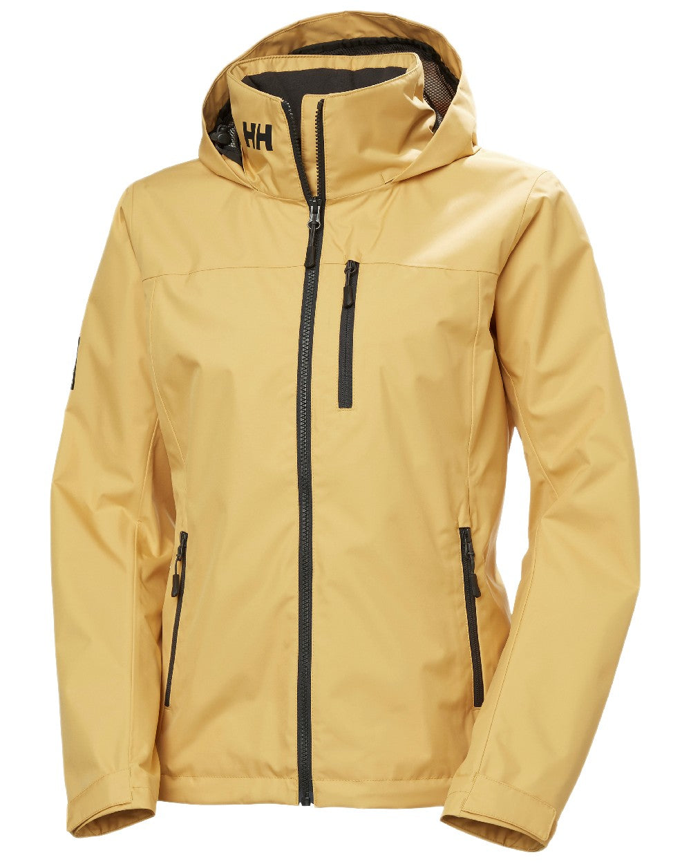 Sand Coloured Helly Hansen womens crew hooded sailing jacket 2.0 on white background 