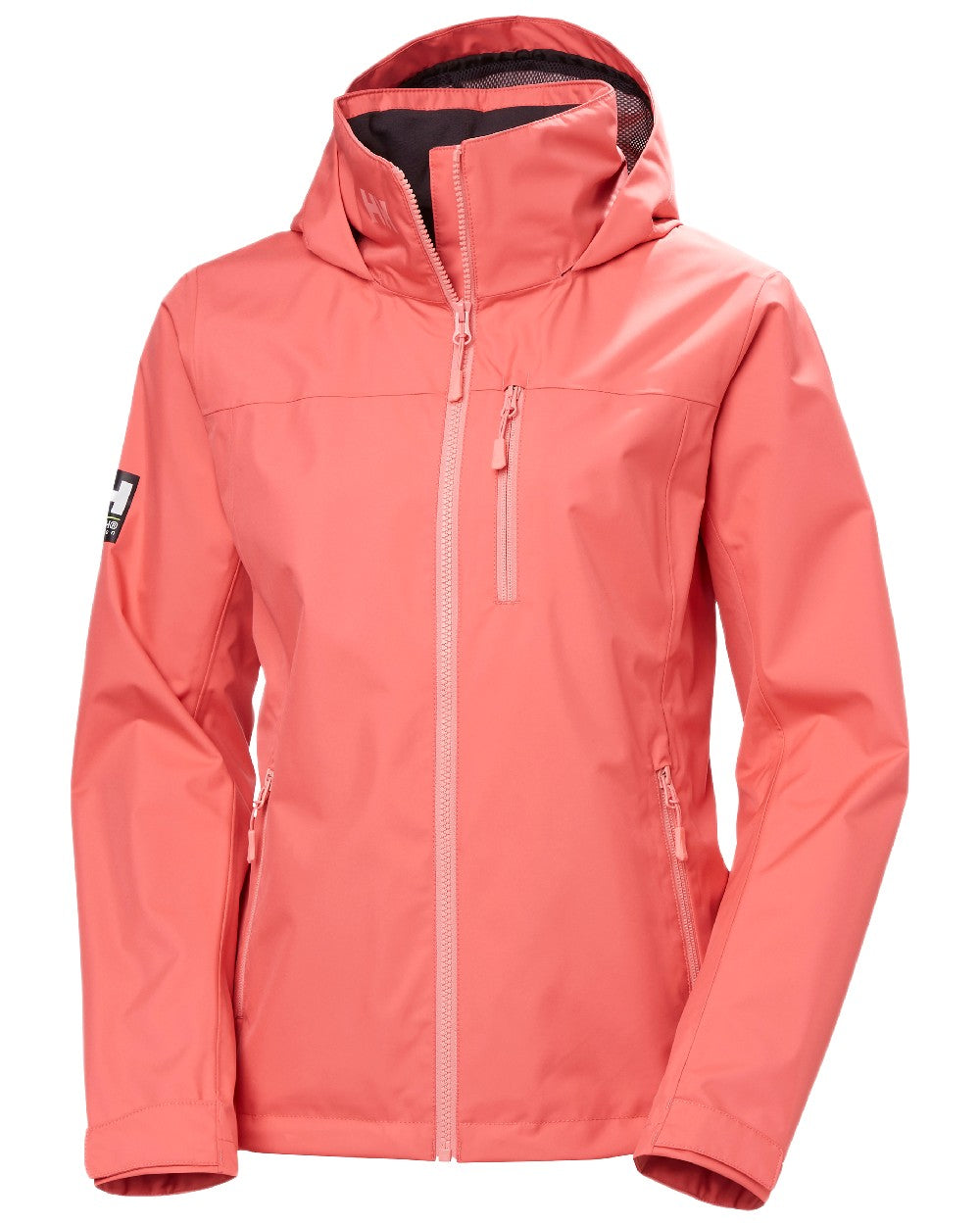 Sunset Pink Coloured Helly Hansen womens crew hooded sailing jacket 2.0 on white background 