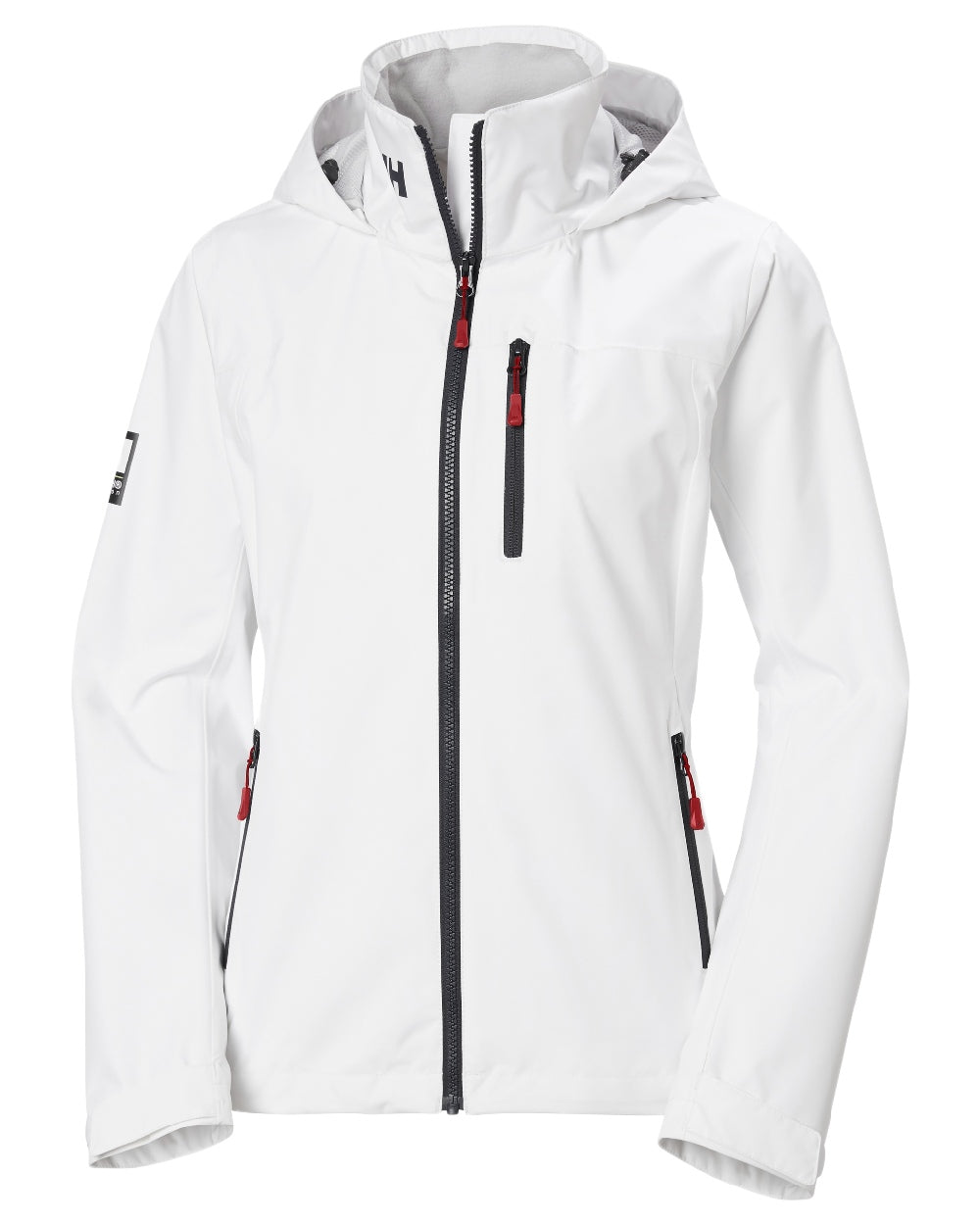 White Coloured Helly Hansen womens crew hooded sailing jacket 2.0 on white background 