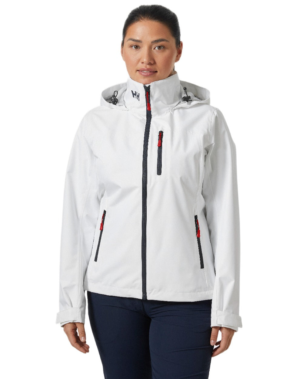 White Coloured Helly Hansen womens crew hooded sailing jacket 2.0 on white background 
