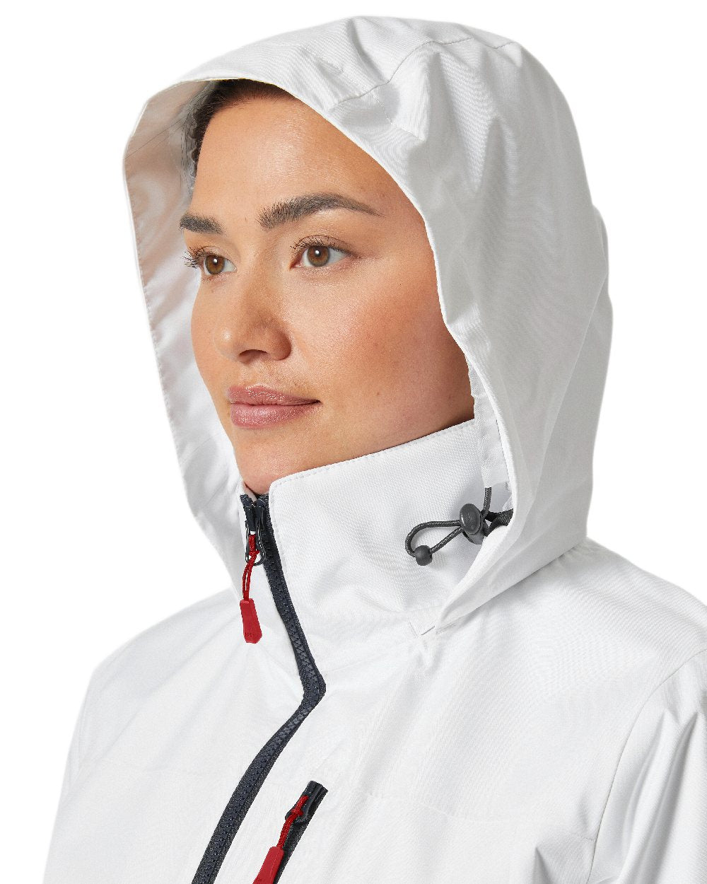 White Coloured Helly Hansen womens crew hooded sailing jacket 2.0 on white background 