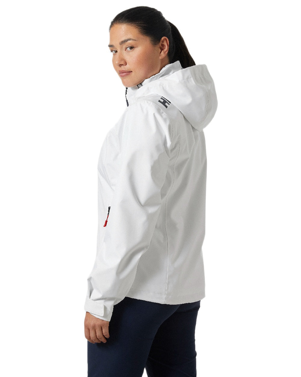White Coloured Helly Hansen womens crew hooded sailing jacket 2.0 on white background 